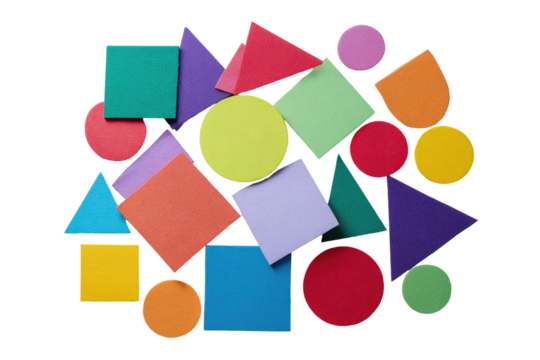 Colorful geometric shapes, various sizes and colors, clustered together on a black background