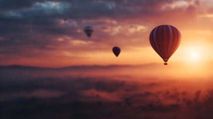 Obraz premium Hot air balloons gracefully ascend over a misty colorful landscape at a serene sunrise inviting adventure and tranquility