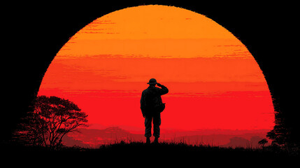 Fototapeta premium Silhouette soldier sunset: military art, remembrance day, war memorial