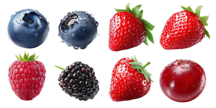 Fresh, Wet Assorted Berries Including Blueberries, Raspberries, Blackberries, Strawberries, and Cherries, Isolated on a Transparent Background.