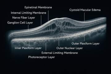 Optical Coherence Tomography (OCT) scan of the retina with Cystoid Macular Edema, Illustration