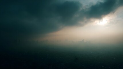 Fototapeta premium Dense air pollution haze blankets a sprawling city skyline at sunset casting a muted and ominous glow across the urban landscape under a cloudy sky