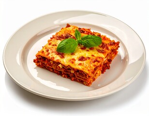 Delicious Italian Lasagna on White Plate with Fresh Basil