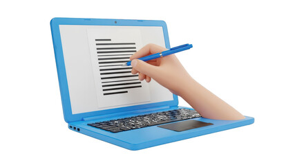 Cartoon hand writing on a laptop screen with blue pen computer technology isolated on a transparent background