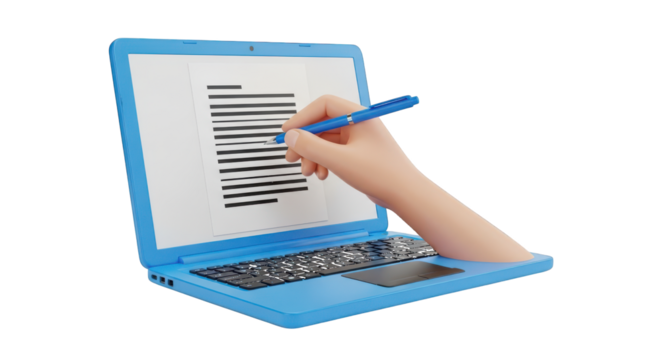 Cartoon hand writing on a laptop screen with blue pen computer technology isolated on a transparent background