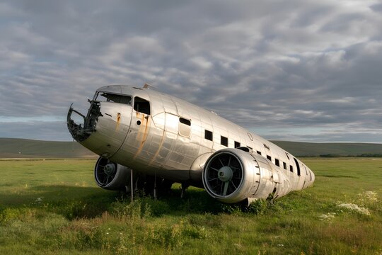Abandoned and wrecked airplane fuselage, possibly a Douglas DC-3, resting in a grassy field under a dramatic overcast sky, symbolizing decay and history