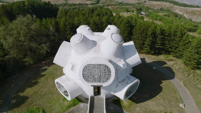 Aerial drone shot of Ilinden, Krusevo spomenik, a memorial for the Ottoman era uprising and partisan in Macedonia