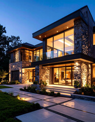 Obraz premium Explore a breathtaking modern residential real estate masterpiece at dusk an evening showcase of architectural elegance in a serene environment with captivating viewpoints