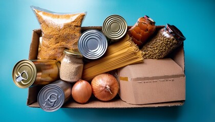 a brown cardboard box is filled with various non perishable food items such as pasta lentils and canned goods ready for donation or emergency aid