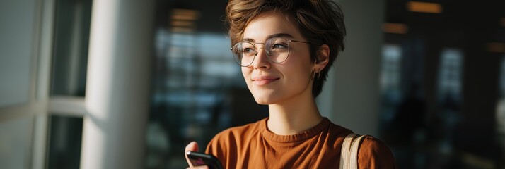Young caucasian woman with short hair holding phone in bright indoor setting
