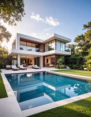 Fototapeta premium Contemporary residential real estate showcase luxurious villa with pool tropical garden setting modern architecture serene environment