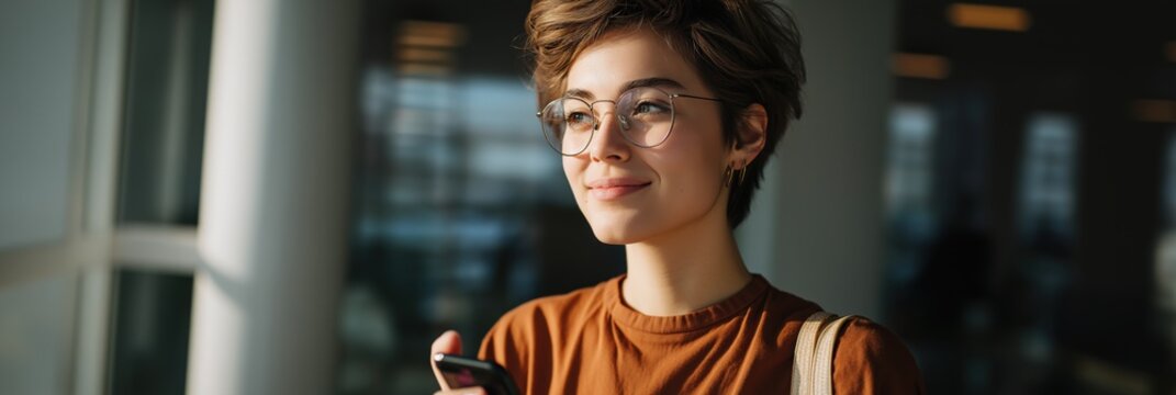 Young caucasian woman with short hair holding phone in bright indoor setting