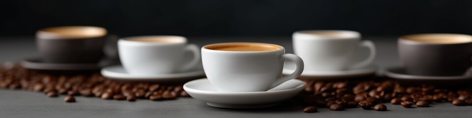 Obraz premium Close-up of four espresso cups with coffee beans on dark background