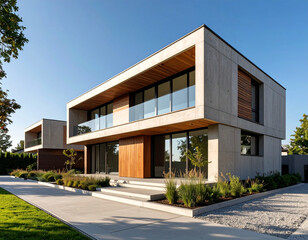 Modern residential real estate design suburban area architectural showcase clear blue sky front view innovative living concepts