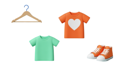 Collection of cartoon clothing and shoes fashion t-shirt isolated on a transparent background