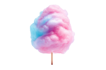 Pink and blue cotton candy on wooden stick isolated on transparent background
