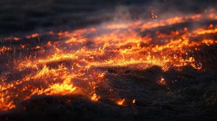 Blazing fire consuming dry grass field rural landscape nature photography dramatic environment close-up viewpoint wildfire impact