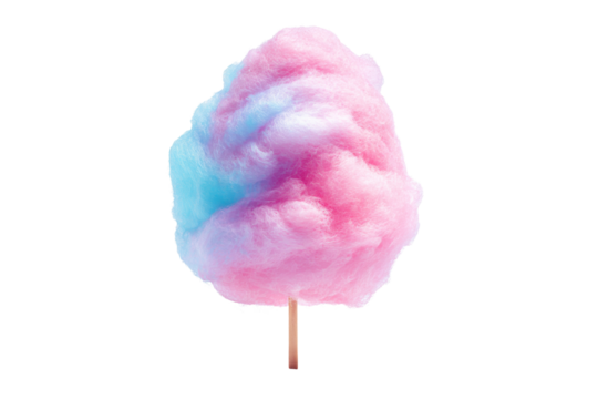 Pink and blue cotton candy on wooden stick isolated on transparent background