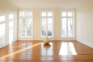 Obraz premium Spacious Empty Apartment Room with Bay Windows and Gleaming Polished Hardwood Floors, Bathed in Bright Sunlight and Reflecting Window Frames, Ideal for Real Estate and Interior