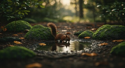 Obraz premium Squirrel at a puddle's edge in a mossy forest, reflecting in water