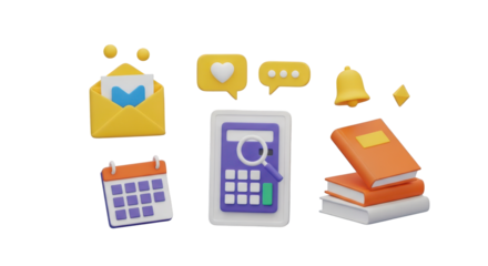 Collection of digital icons and books calendar email isolated on a transparent background