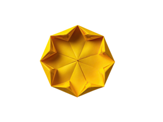 Geometric origami,  bright yellow,  circular,  star-like,  precise folds,  complex structure