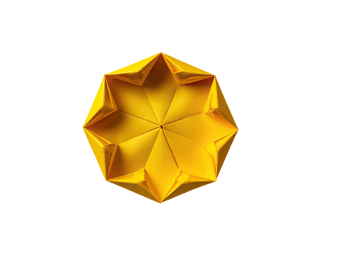 Geometric origami,  bright yellow,  circular,  star-like,  precise folds,  complex structure