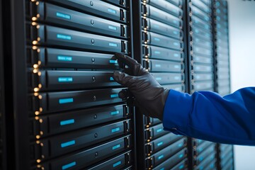 IT Technician in Blue Uniform and Black Gloves Working on a Data Server Rack, Inserting or Removing a Server into a Modern Data Center, Symbolizing Maintenance and Cloud Computing