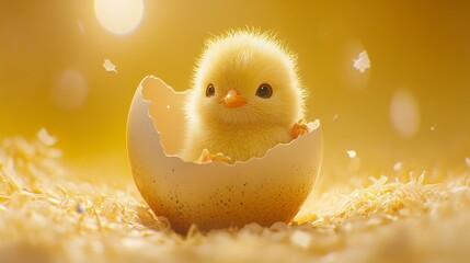 Fluffy easter chick hatching from empty egg springtime celebration digital illustration warm environment close-up adorable concept for seo impact