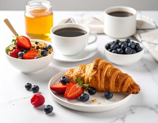 Delicious Breakfast with Croissant, Granola, and Berries