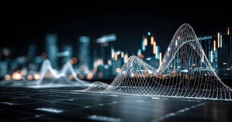 Abstract graphic of data overlaid on cityscape at night