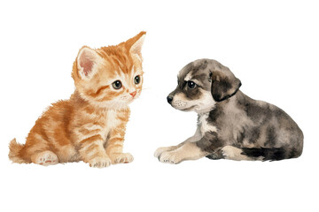 Fototapeta premium Watercolor of kitten and puppy sitting together isolated on transparent background