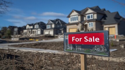 Obraz premium For sale sign displaying opportunity at newly built houses residential area real estate photography clear sky attractive homes for home buyers