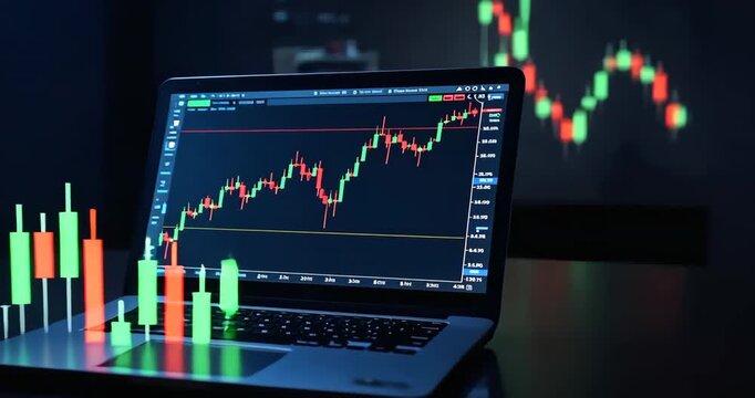 Laptop computer reacting to price change and projecting 3D candlestick bars on desk, showing chart