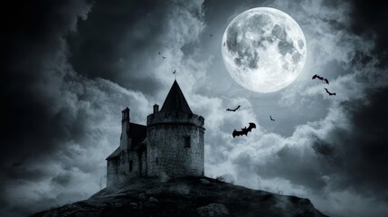Castle is shown in the background with a full moon in the sky. There are bats flying around the castle