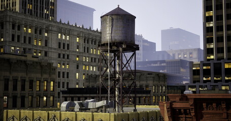 An iconic water tower rises amidst towering buildings at dusk, with urban lights flickering in a serene city landscape. The blend of modern and vintage architecture creates a unique charm.