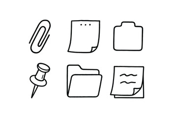 hand drawn cute doodle style line isolated on white background: bent clip loose page document tab pin tack folder edge memo slip