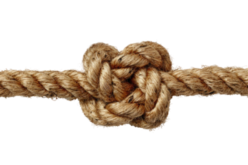 Close-up of a complex knot tied in a length of light brown rope