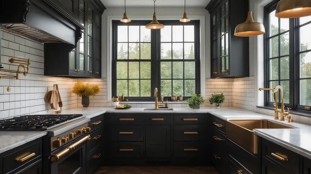 Modern kitchen interior with black cabinets, marble countertops, farmhouse sink, brass fixtures, pendant lighting, and large bright windows