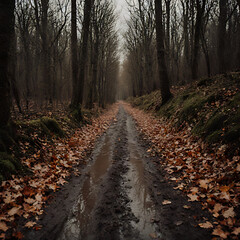 Obraz premium Misty Forest Path in Autumn – Dark and Mysterious Wood Trail