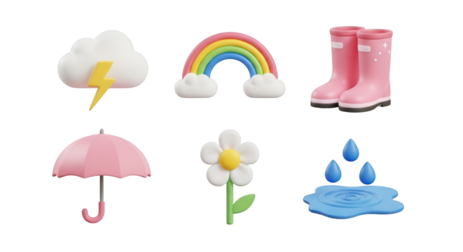 Collection of six 3D weather and nature icons cloud isolated on a transparent background