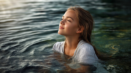 A girl floats on water, the serene scene illuminated by soft light. Girl, water, with copy space