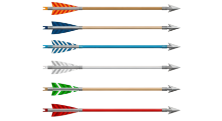 Collection of six colorful arrows with patterned fletching on black graphic design isolated on a transparent background