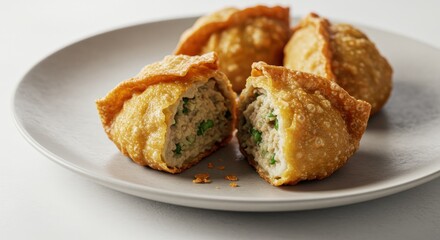 Golden-fried dumplings, one sliced in half, on a light plate. Filling appears to be savory meat and vegetables