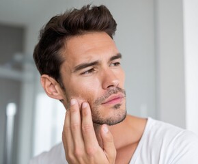 Naklejka premium Close-up view of a man examining his skin, highlighting a skincare concern and a thoughtful expression.