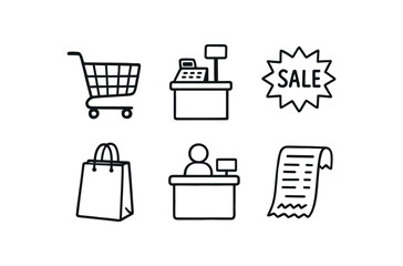 hand drawn cute doodle style line isolated on white background: shopping cart checkout kiosk sale retail bag customer desk shop receipt