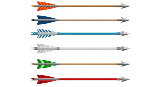 Collection of six colorful arrows with patterned fletching on black graphic design isolated on a transparent background - Powered by Adobe