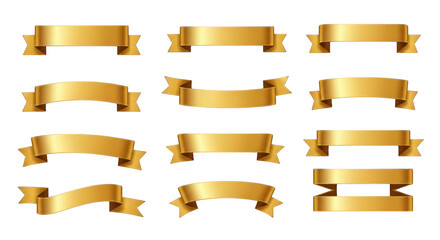 Collection of twelve golden ribbon banners award isolated on a transparent background