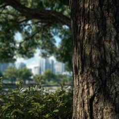Obraz premium Urban park scene, tree trunk close-up, city skyline