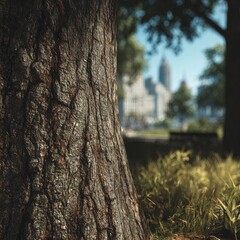 Obraz premium Close-up tree trunk, city park background